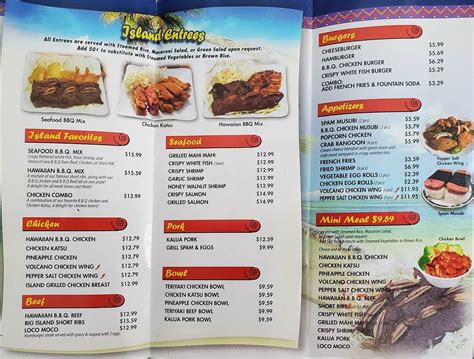 The restaurant is small but has several tables for eating in. . Aloha hawaiian bbq pueblo menu